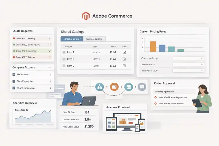 An informative illustration about Adobe Commerce For Highly Customized B2B Workflows