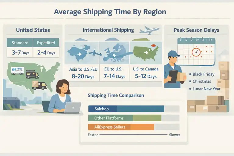 An informative illustration about Average Salehoo Shipping Time By Region