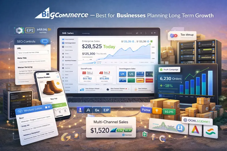 Best Platform to Sell Online for Fast Growth and Low Fees An informative illustration about
BigCommerce – Best for Businesses Planning Long-Term Growth