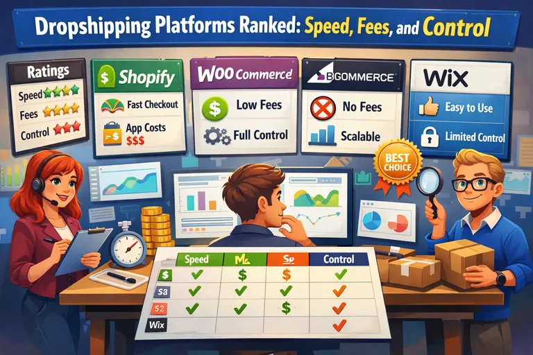 Dropshipping Platforms Ranked: Speed, Fees, and Control An informative illustration about Dropshipping Platforms Ranked: Speed, Fees, and Control