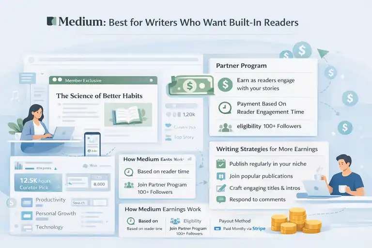 Where Is the Best Place to Start a Blog and Make Money? An informative illustration about Medium: Best for Writers Who Want Built-In Readers
