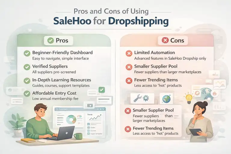 Salehoo Dropshipping Reviews: Is It Worth Your Money Today? An informative illustration about Pros and Cons of Using SaleHoo for Dropshipping
