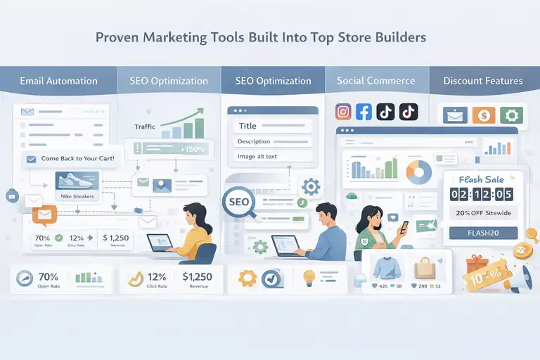 Online Store Website Builder That Helps You Sell Fast An informative illustration about Proven Marketing Tools Built Into Top Store Builders