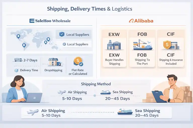 SaleHoo Wholesale vs. AliBaba: Which is Better for You? An informative illustration about Shipping, Delivery Times, and Logistics