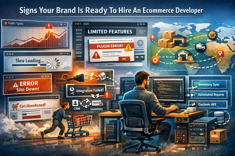 Ecommerce Website Developer Guide for Brands Ready to Scale An informative illustration about
Signs Your Brand Is Ready To Hire An Ecommerce Developer