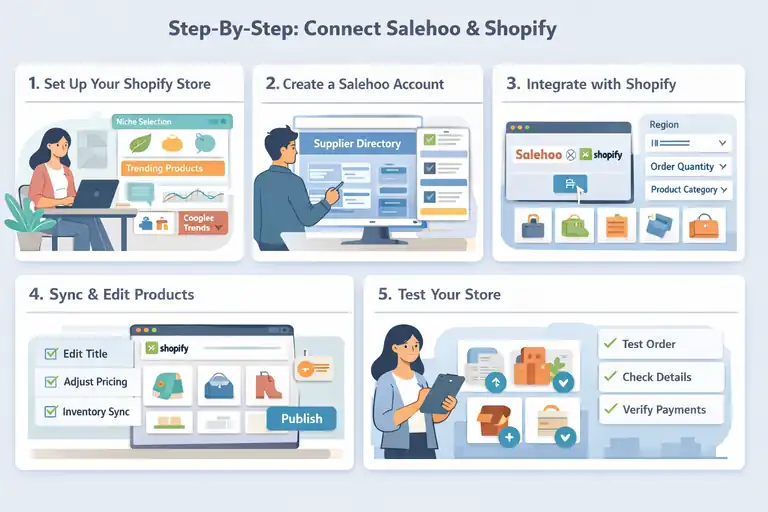 Salehoo and Shopify: How to Connect Them for Profit Fast An informative illustration about Step-By-Step Process to Connect Salehoo and Shopify