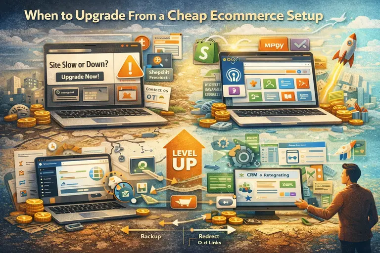 Cheap Ecommerce Website: What’s the Smartest Budget Choice? An informative illustration about
When to Upgrade From a Cheap Ecommerce Setup