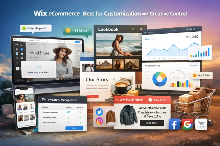 Best Platform to Sell Online for Fast Growth and Low Fees An informative illustration about
Wix eCommerce – Best for Customization and Creative Control