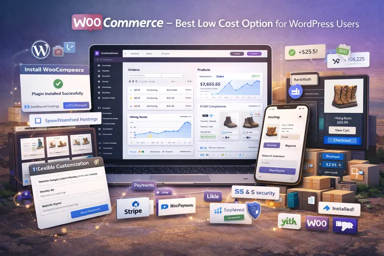 Best Platform to Sell Online for Fast Growth and Low Fees An informative illustration about
WooCommerce – Best Low-Cost Option for WordPress Users