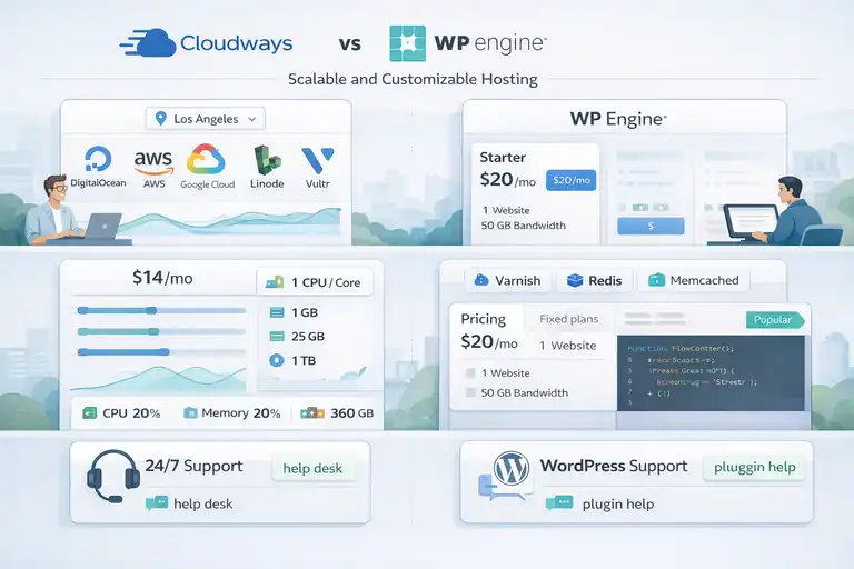 WP Engine Competitors Compared: Speed, Price, and Support An informative illustration about Cloudways vs WP Engine: Scalable and Customizable Hosting