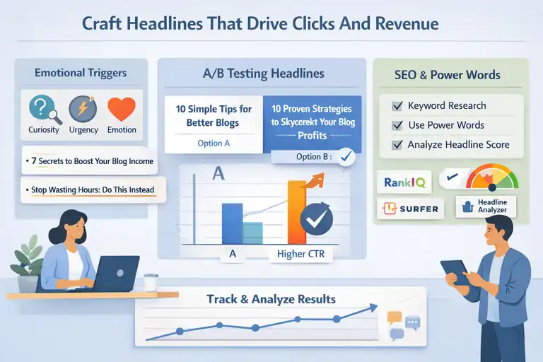 Blog Writing Tips That Help You Earn From Every Post An informative illustration about Craft Headlines That Drive Clicks And Revenue