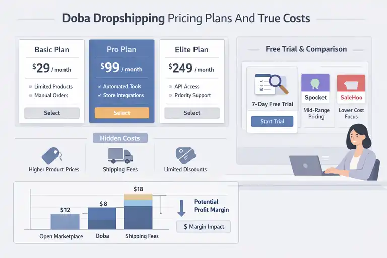Doba Dropshipping Review: Honest Pros, Cons, and Verdict An informative illustration about Doba Dropshipping Pricing Plans And True Costs