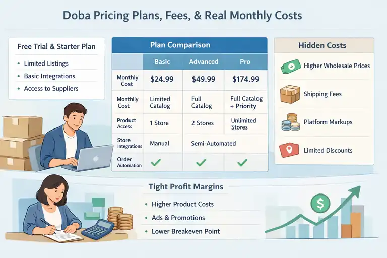 An informative illustration about Doba Pricing Plans, Fees, And Real Monthly Costs