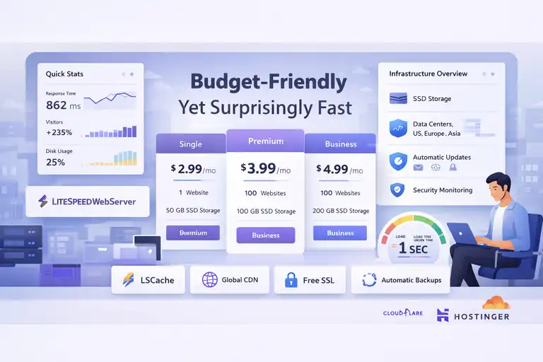 Alternative to WPEngine: Faster and Cheaper Options An informative illustration about Hostinger: Budget-Friendly Yet Surprisingly Fast