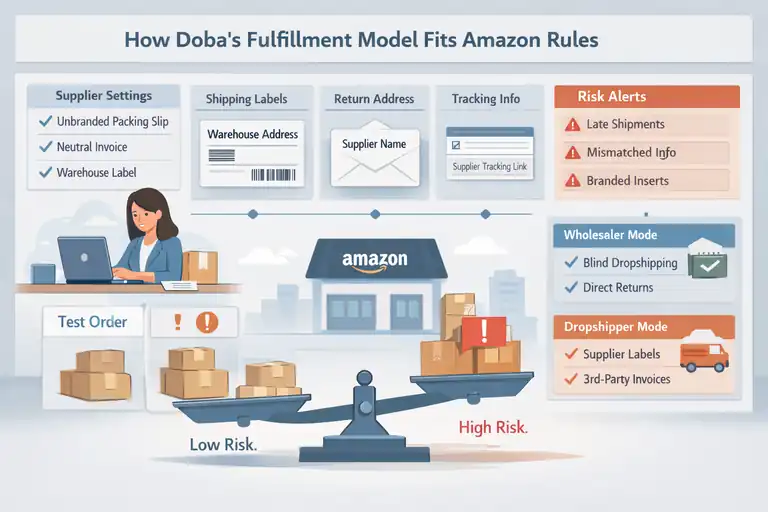 Doba and Amazon: Can You Dropship Without Getting Banned? An informative illustration about How Doba’s Fulfillment Model Fits Amazon Rules