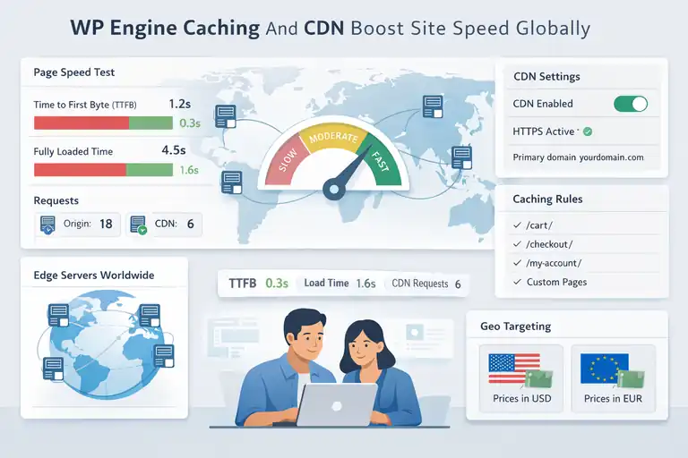 An informative illustration about How WP Engine Caching And CDN Boost Site Speed Globally