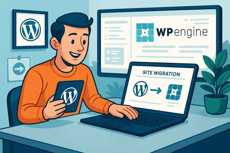 An informative illustration about How WP Engine Site Migration Works for WordPress Users