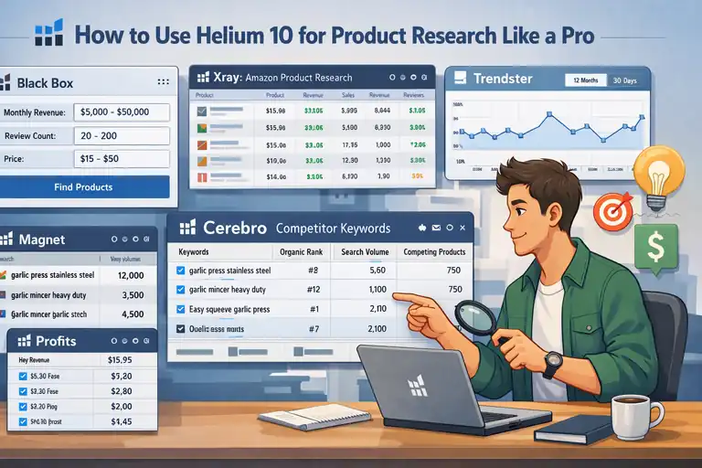 An informative illustration about How to Use Helium 10 for Product Research Like a Pro