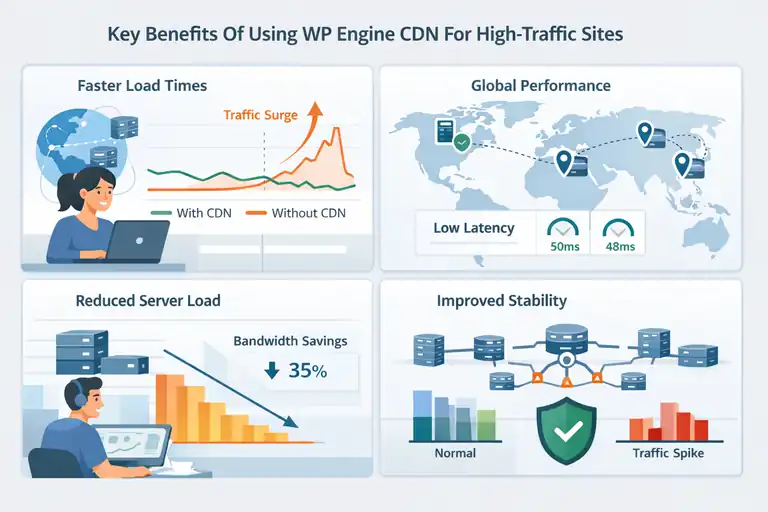 An informative illustration about Key Benefits Of Using WPEngine CDN For High-Traffic Sites