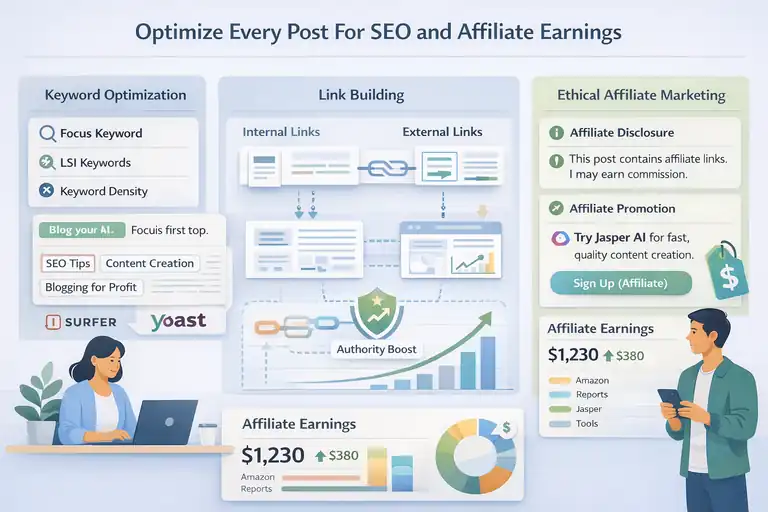 Blog Writing Tips That Help You Earn From Every Post An informative illustration about Optimize Every Post For SEO And Affiliate Earnings