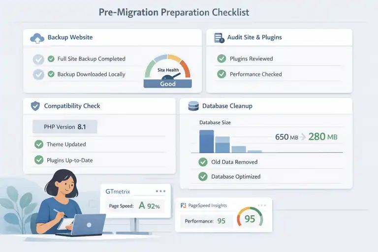 WPEngine Migration Guide: Move WordPress Without Stress An informative illustration about Pre-Migration Preparation Checklist