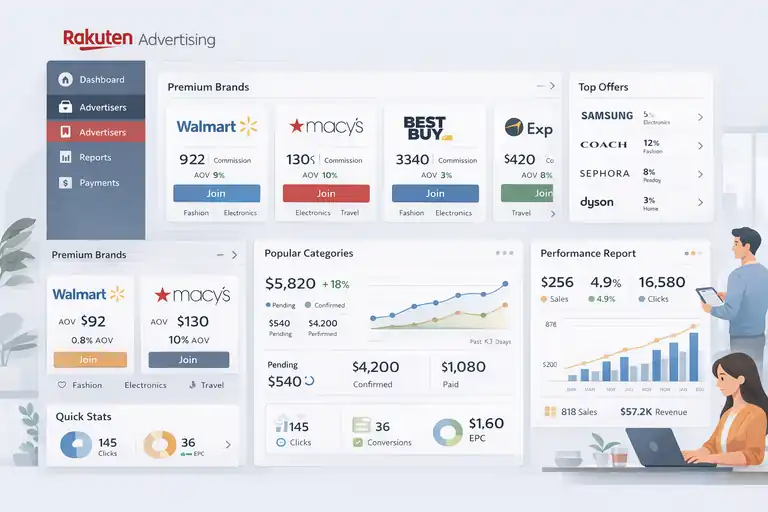 12 Best Affiliate Marketing Companies to Work With An informative illustration about Rakuten Advertising – Premium Access to Established Brands