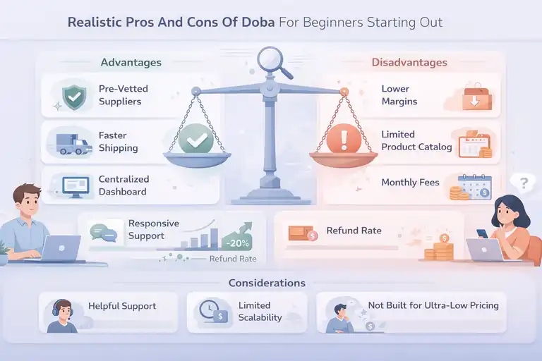 An informative illustration about Realistic Pros And Cons Of Doba For Beginners Starting Out