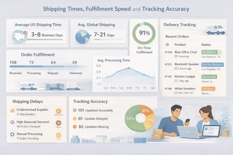 An informative illustration about Shipping Times, Fulfillment Speed, And Tracking Accuracy