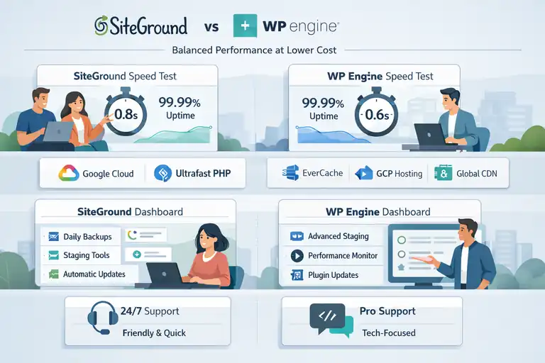 WP Engine Competitors Compared: Speed, Price, and Support An informative illustration about SiteGround vs WP Engine: Balanced Performance at Lower Cost
