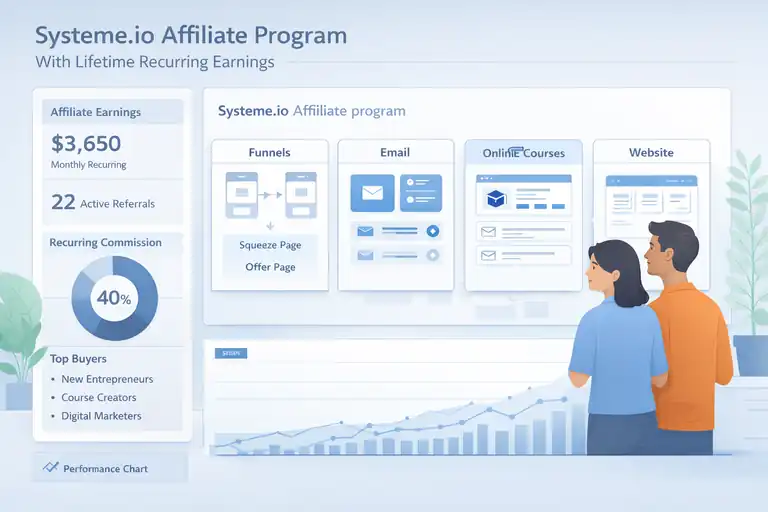 An informative illustration about Systeme.io Affiliate Program With Lifetime Recurring Earnings