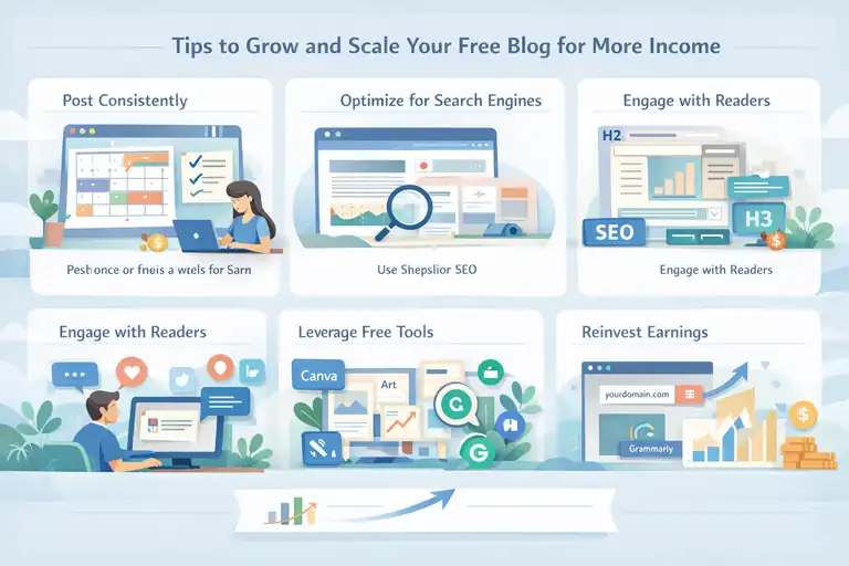 An informative illustration about Tips to Grow and Scale Your Free Blog for More Income