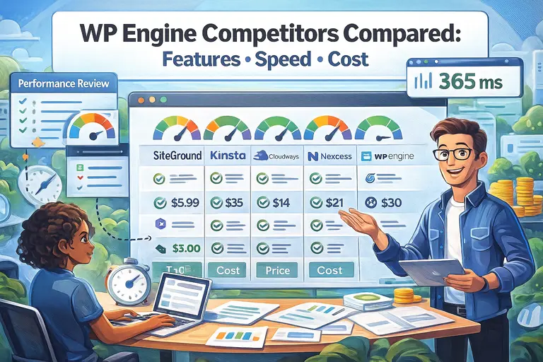 An informative illustration about WP Engine Competitors Compared: Features, Speed, Cost