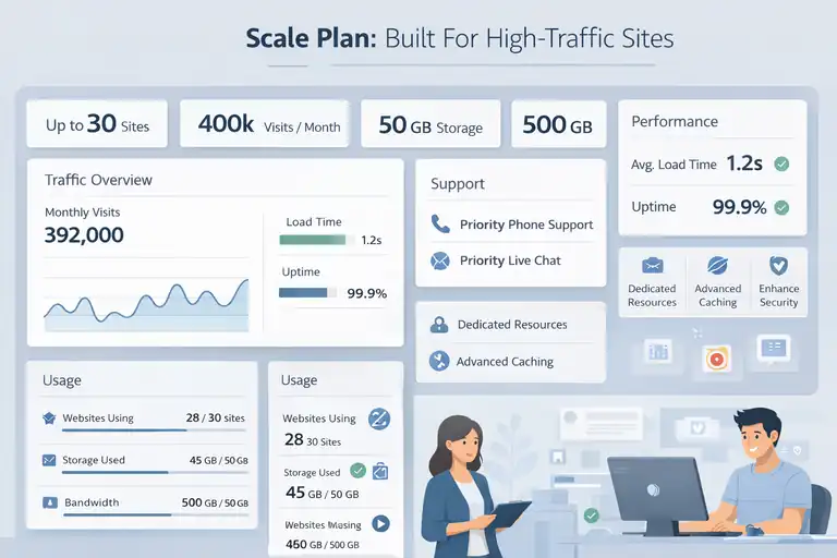 WPengine Plan Comparison: Which Option Fits Your Site Best? An informative illustration about WP Engine Scale Plan: Built For High-Traffic Sites