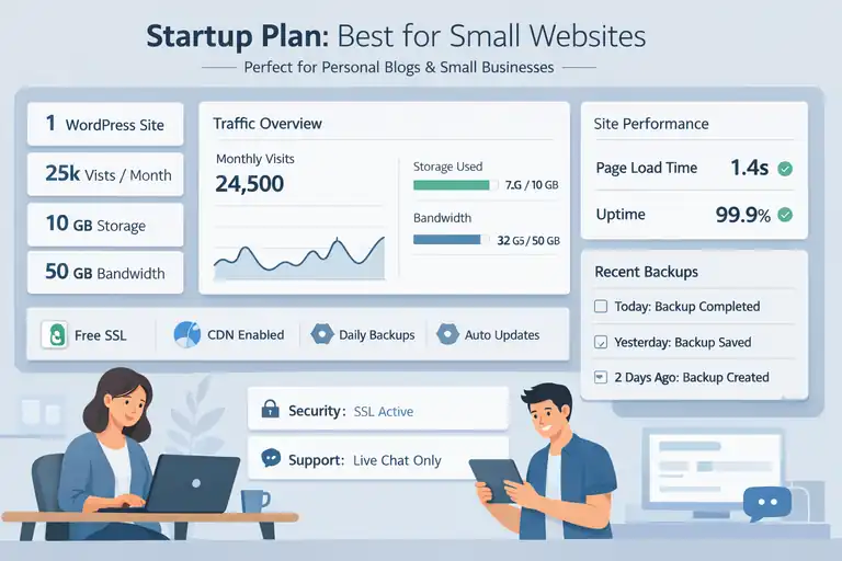 WPengine Plan Comparison: Which Option Fits Your Site Best? An informative illustration about WP Engine Startup Plan: Best For Small Websites