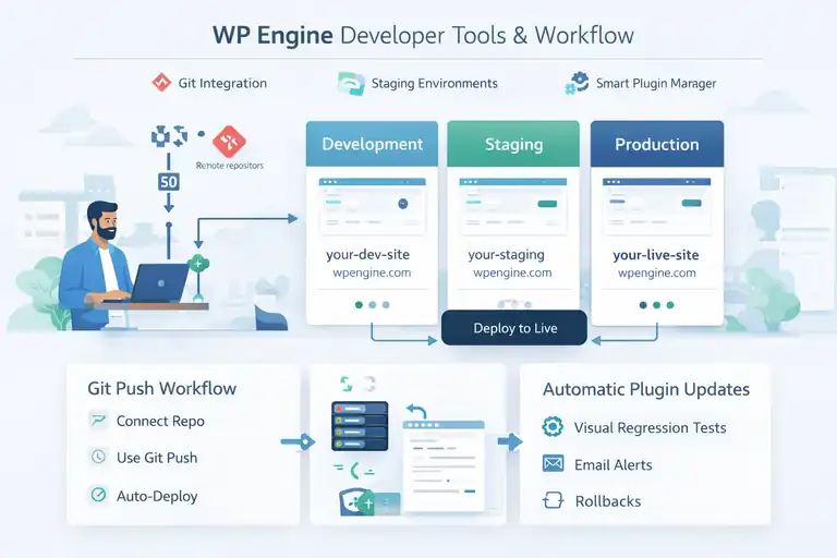 An informative illustration about WPengine Developer Tools and Workflow