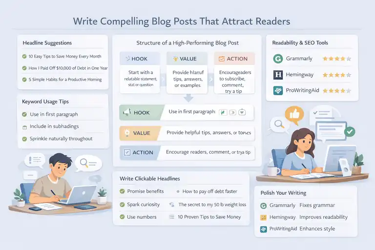 An informative illustration about Write Compelling Blog Posts That Attract Readers