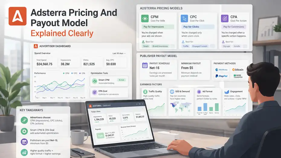 An informative illustration about Adsterra Pricing And Payout Model Explained Clearly