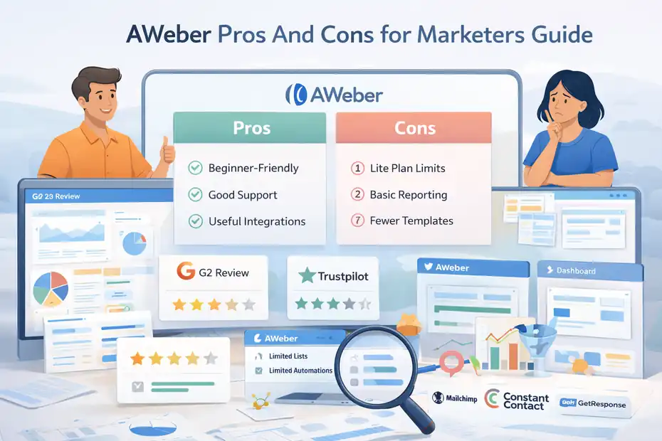 An informative illustration about Aweber Pros And Cons for Marketers Guide