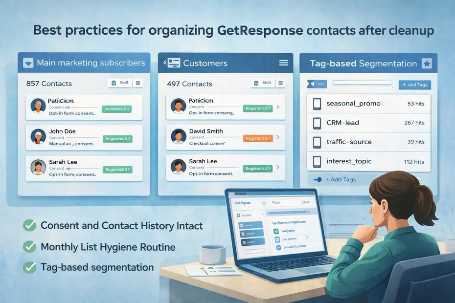 GetResponse Duplicate Contacts Problem Solution: Clean Fast An informative illustration about Best practices for organizing GetResponse contacts after cleanup