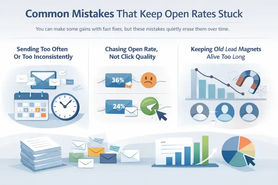 Aweber Low Email Open Rate Fix: 9 Fast Wins An informative illustration about Common Mistakes That Keep Open Rates Stuck