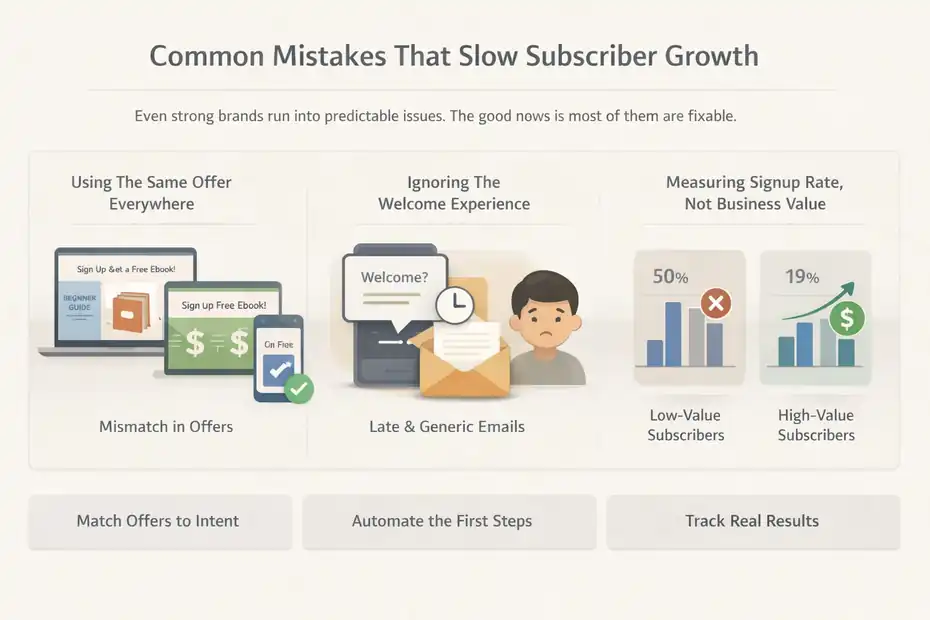 MailerLite Email List Growth Strategy: 9 Proven Ways To Explode Subscribers An informative illustration about Common Mistakes That Slow Subscriber Growth
