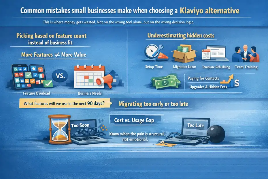 Klaviyo Alternatives For Small Business: Better Tools That Cost Less An informative illustration about Common mistakes small businesses make when choosing a Klaviyo alternative