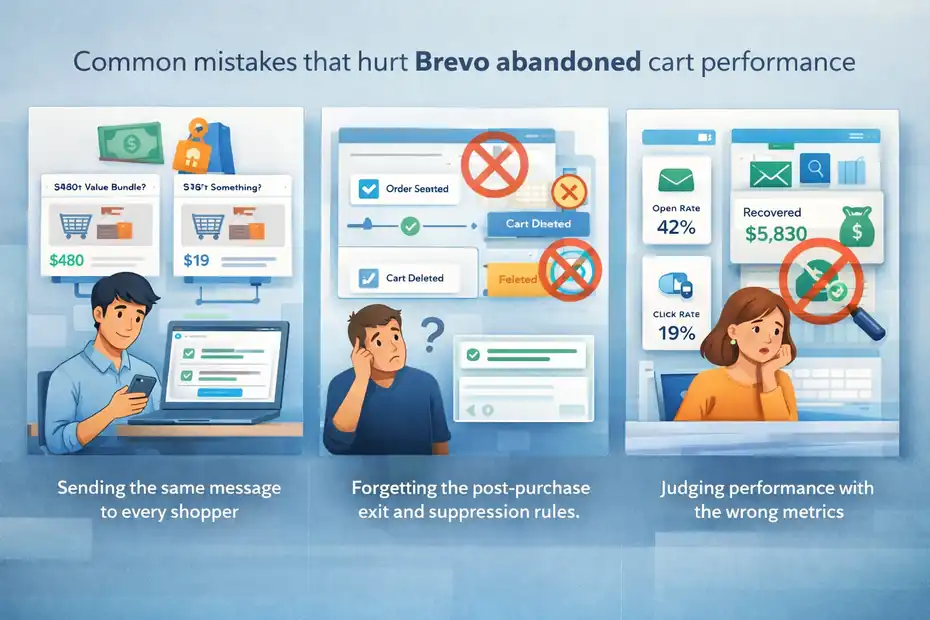 An informative illustration about Common mistakes that hurt Brevo abandoned cart performance
