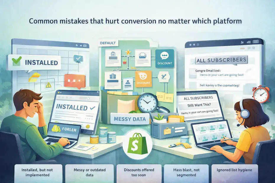 Klaviyo Vs Omnisend For Shopify: Which One Converts Better? An informative illustration about Common mistakes that hurt conversion no matter which platform you choose