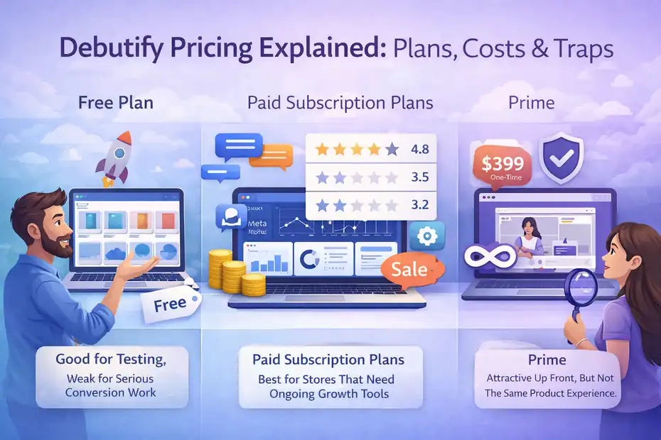 An informative illustration about Debutify Pricing Explained: Plans, Costs & Traps