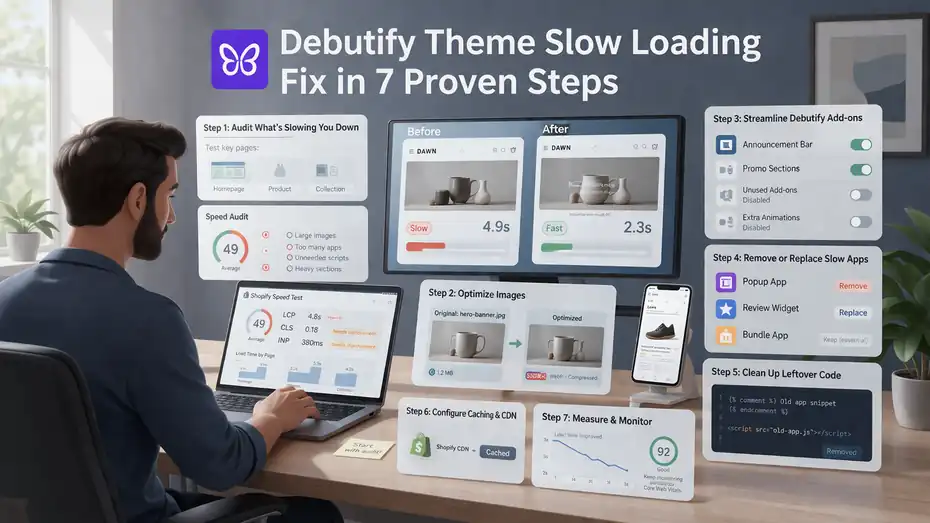 An informative illustration about Debutify Theme Slow Loading Fix in 7 Proven Steps