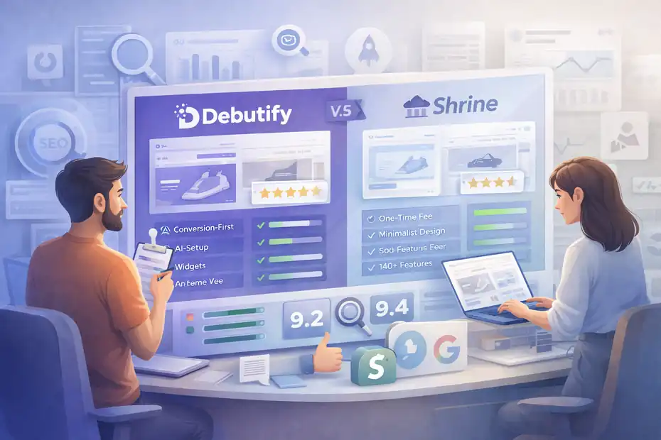 An informative illustration about Debutify vs Shrine Theme Comparison: Which Wins?