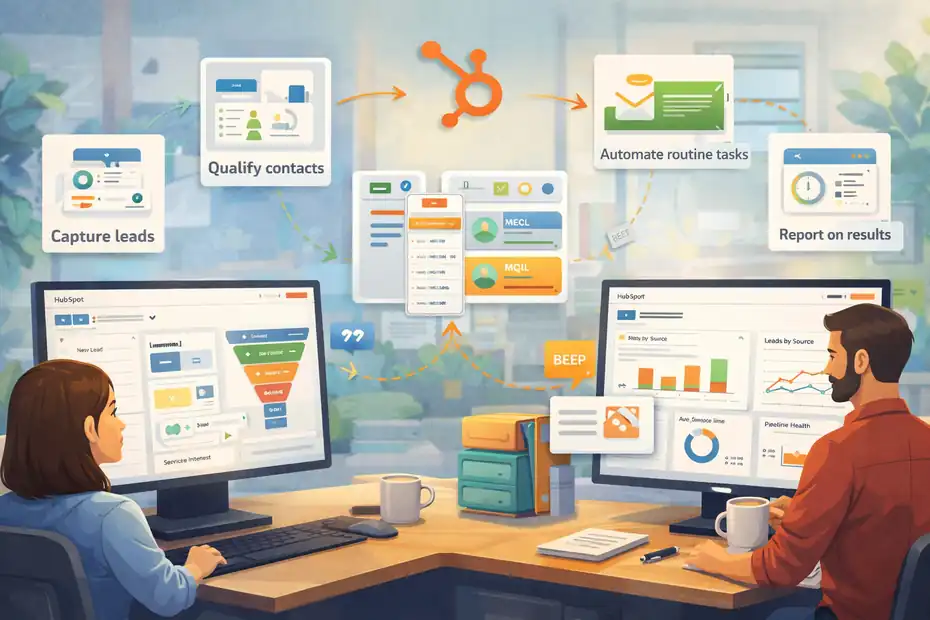 An informative illustration about How HubSpot works for a small business in the real world
