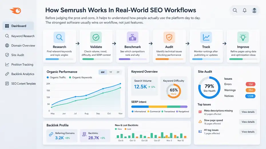 Semrush Review Honest Pros And Cons You Should Know An informative illustration about How Semrush Works In Real-World SEO Workflows