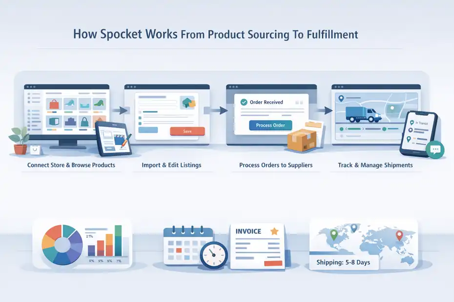 Spocket Review Honest Pros And Cons: Worth It Or Not? An informative illustration about How Spocket Works From Product Sourcing To Fulfillment